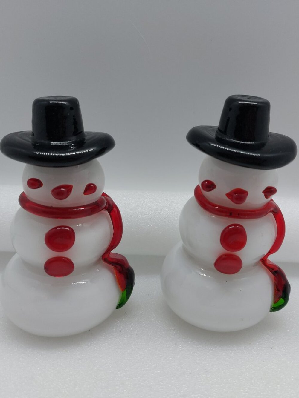 2 Vintage Glass 4" Snowman Figurine Top Hat Scarf Christmas Ornament Decoration
